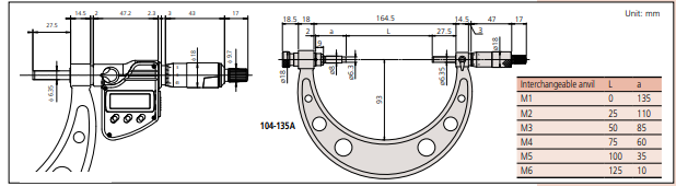 Outside Micrometers - Series 340, 104 - with Interchangeable Anvils - Dimension