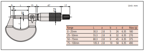 Mitutoyo Outside Micrometer Series 102 Dimension