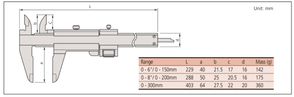 Mitutoyo Vernier Caliper Series 531 - with Thumb Clamp  Dimension