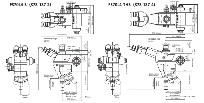 Mitutoyo FS70L4-S & FS70L4-THS Series 378 Semiconductor Inspection Microscopes Dimension