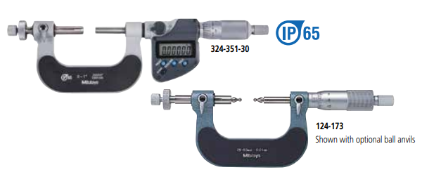 Gear Tooth Micrometers - Series 324, 124 Interch. Ball Anvil Type