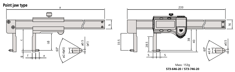 Mitutoyo Blade Type Caliper Series 573,536- Point Jaw Type Dimension